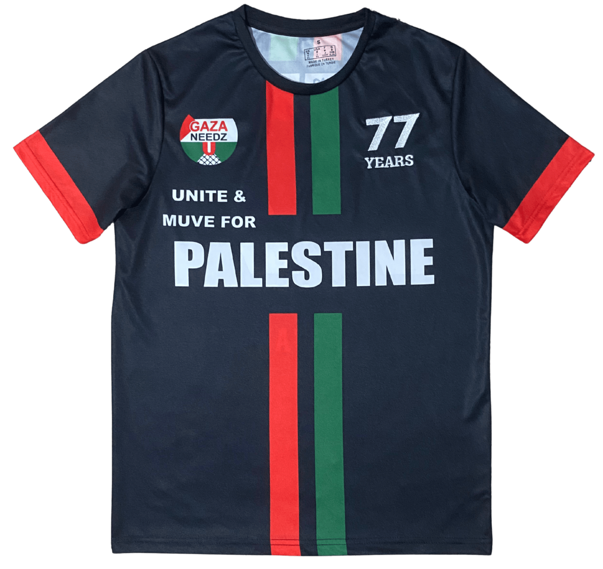 Black Palestine football jersey with red and green stripes, Gaza Needs You emblem (Palestine flag with text) on left chest, 77 Years logo on right chest, and bold Palestine text across the middle