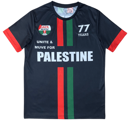Black Palestine football jersey with red and green stripes, Gaza Needs You emblem (Palestine flag with text) on left chest, 77 Years logo on right chest, and bold Palestine text across the middle