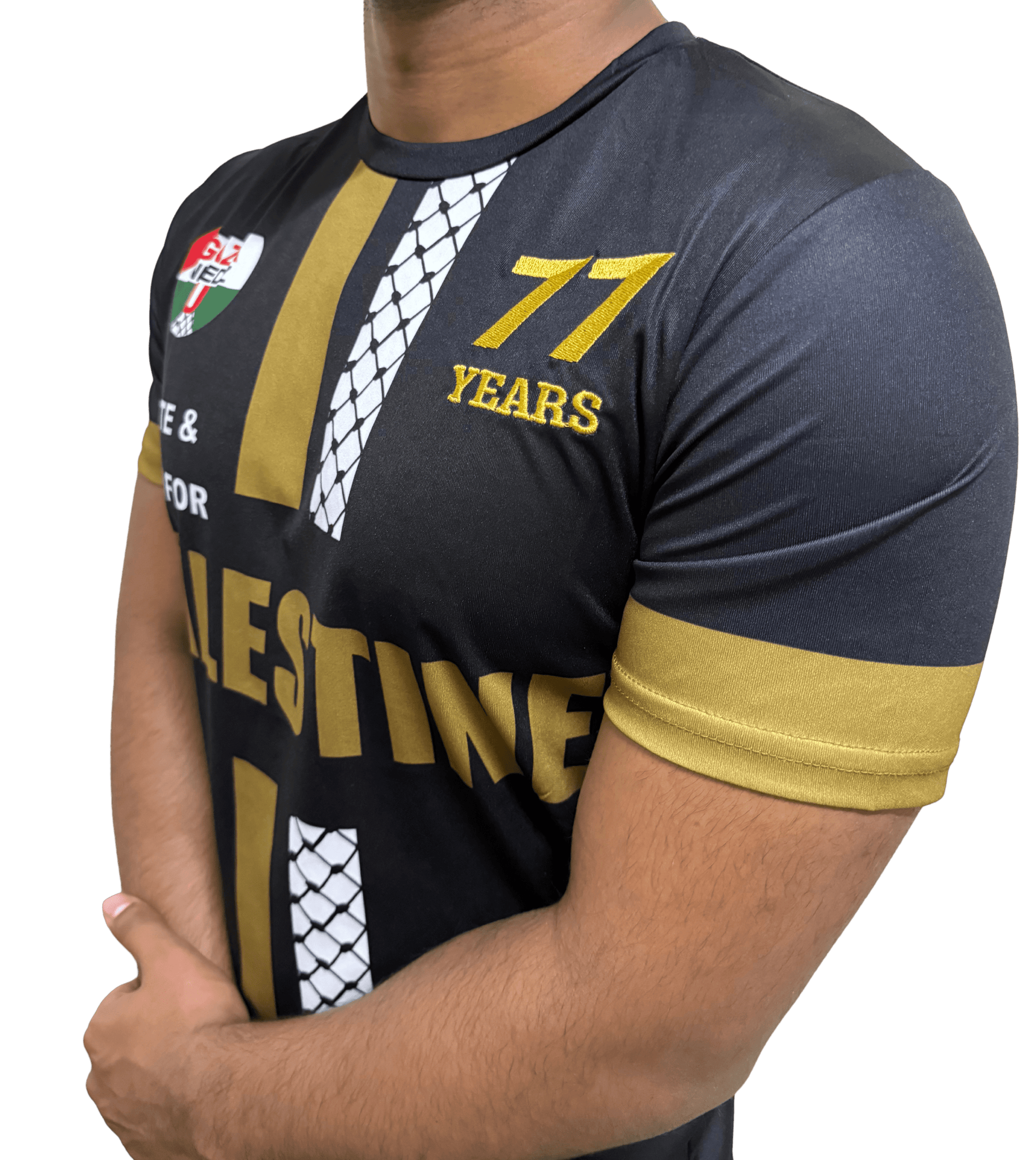 Person wearing a black and gold sports jersey with '77 YEARS' and 'PALESTINE' text.