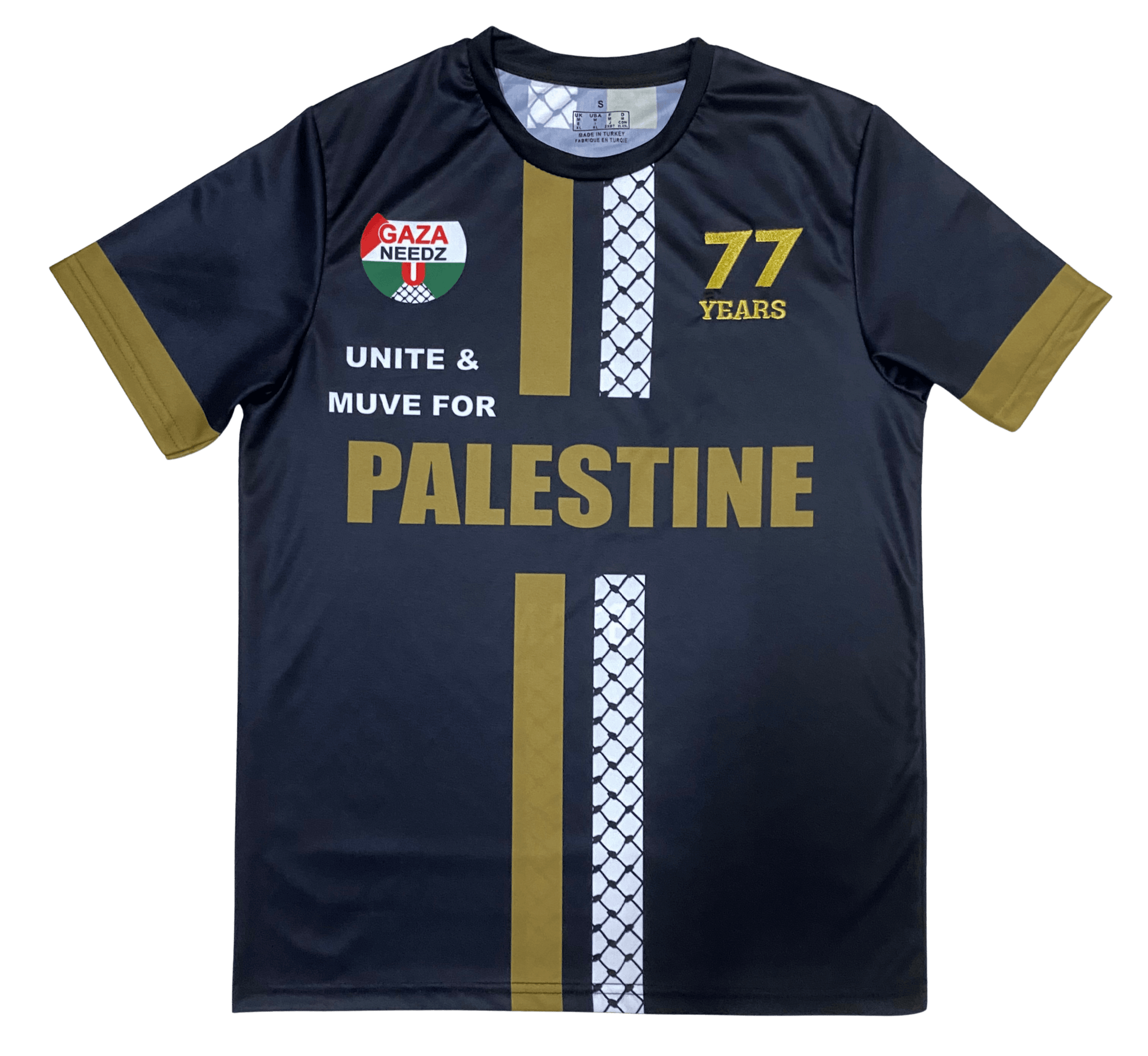 Black and gold Palestine football jersey with gold and keffiyeh stripes, Gaza Needs You emblem on left chest, 77 Years logo on right chest, and bold Palestine text across the middle
