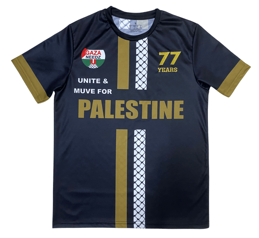 Black and gold Palestine football jersey with gold and keffiyeh stripes, Gaza Needs You emblem on left chest, 77 Years logo on right chest, and bold Palestine text across the middle