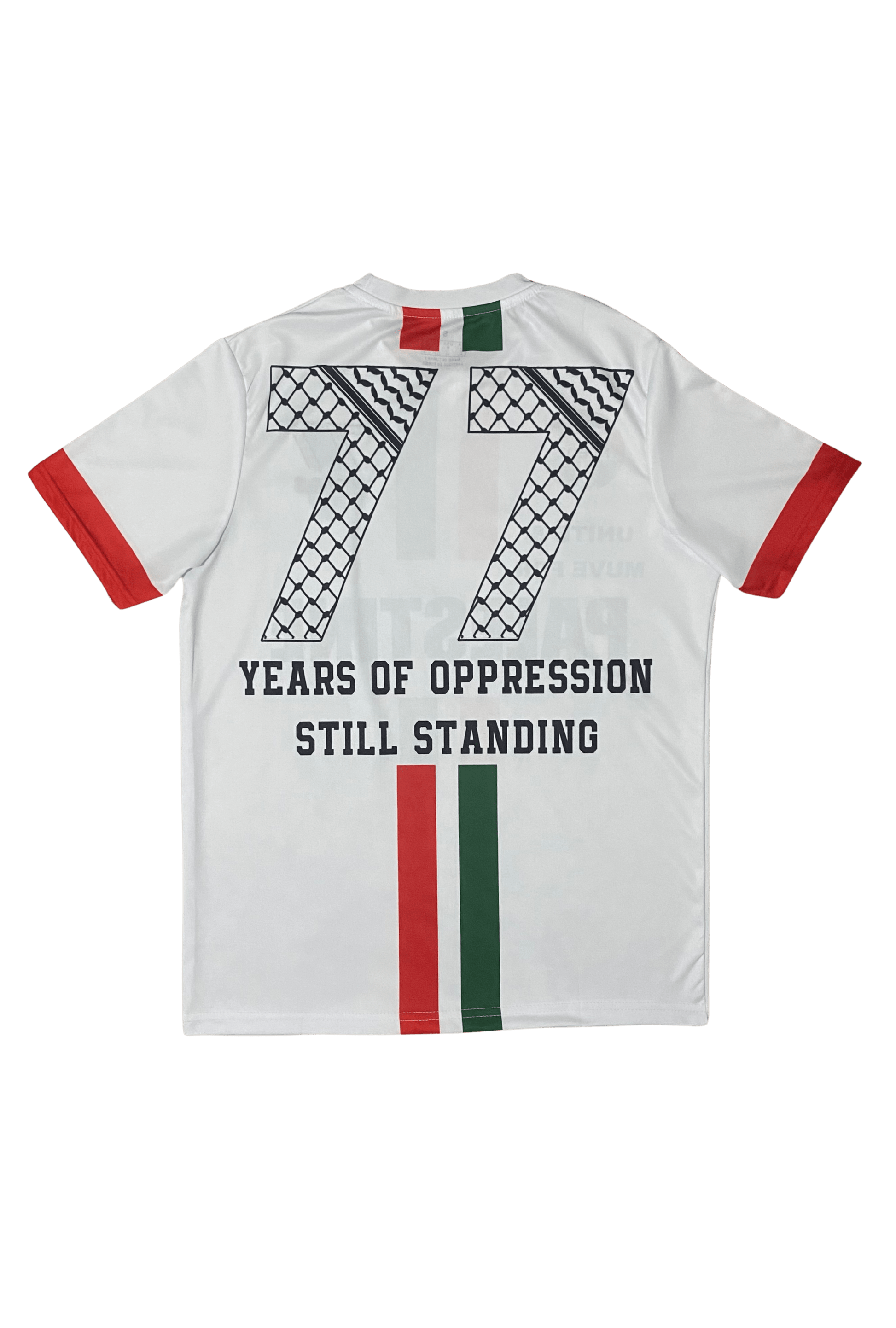 White Palestine football jersey back with red and green stripes, large 77 in keffiyeh pattern, and “years of oppression still standing” text underneath
