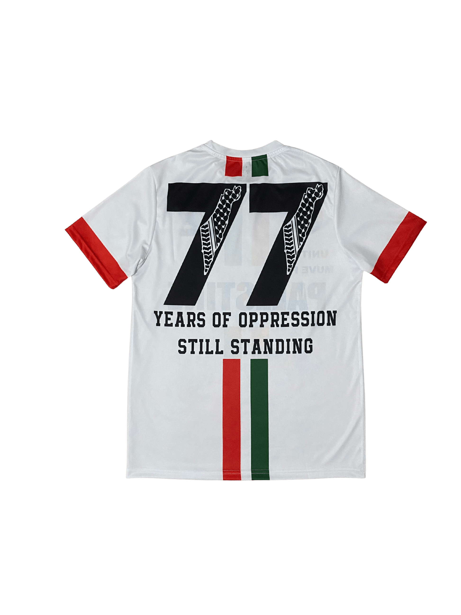 Side view of white Palestine football jersey with red and green stripes, Gaza Needs You emblem, and 77 Years palestine map keffiyeh logo