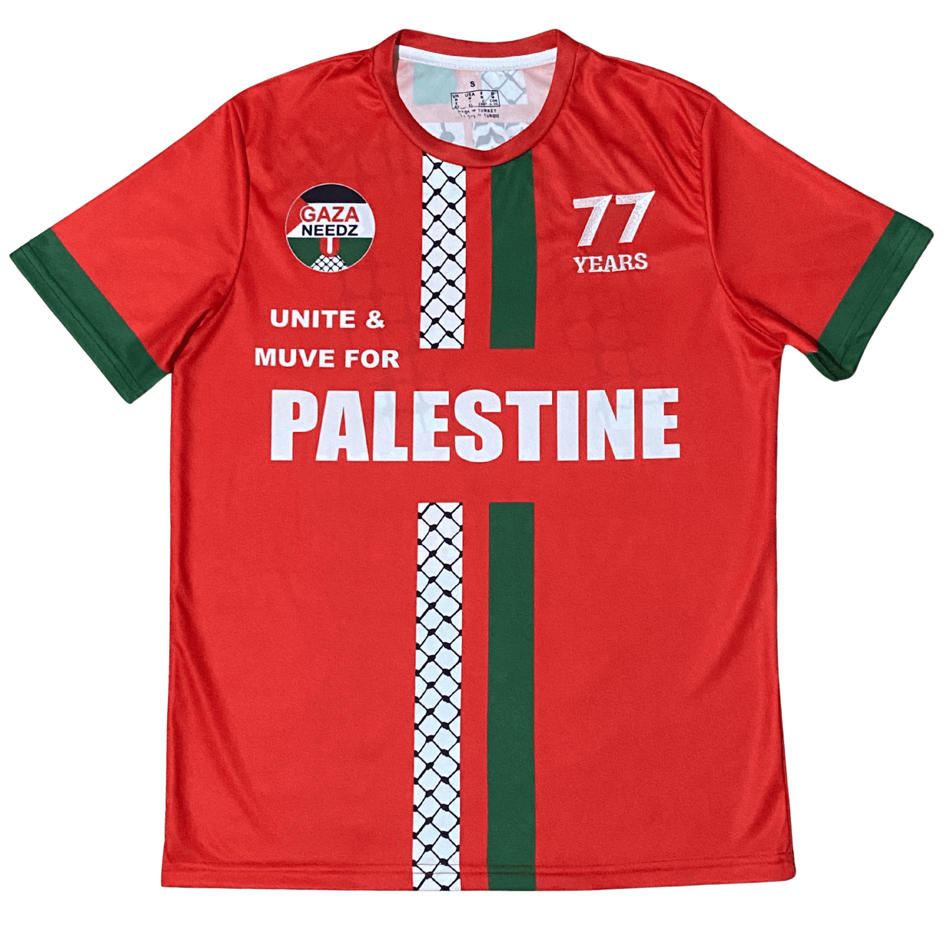Red Palestine football jersey with green and keffiyeh stripes, Gaza Needs You emblem on left chest, 77 Years logo on right chest, and bold Palestine text across the middle