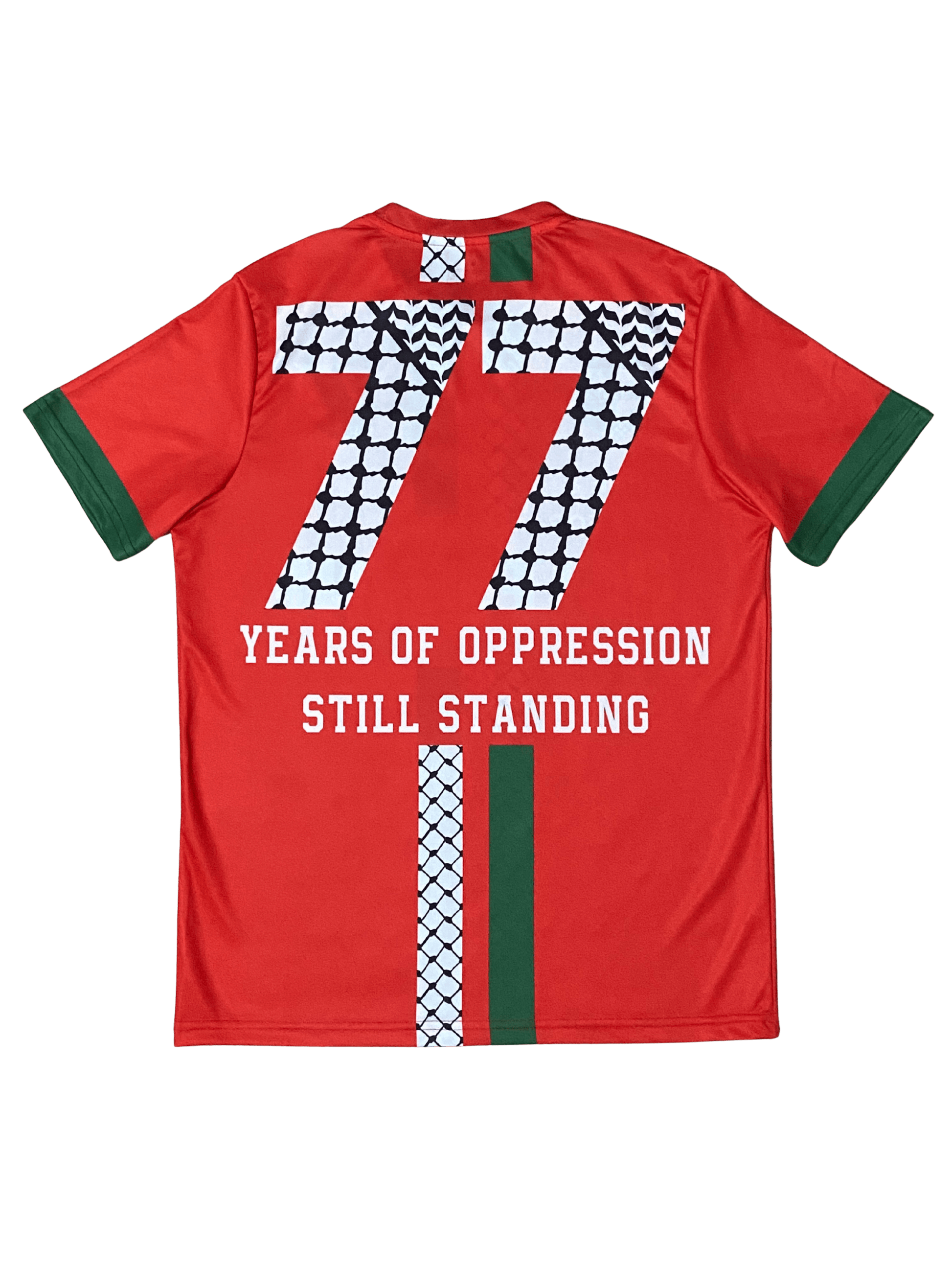 Red Palestine football jersey back with green and keffiyeh stripes, large 77 in keffiyeh pattern, and “years of oppression still standing” text underneath