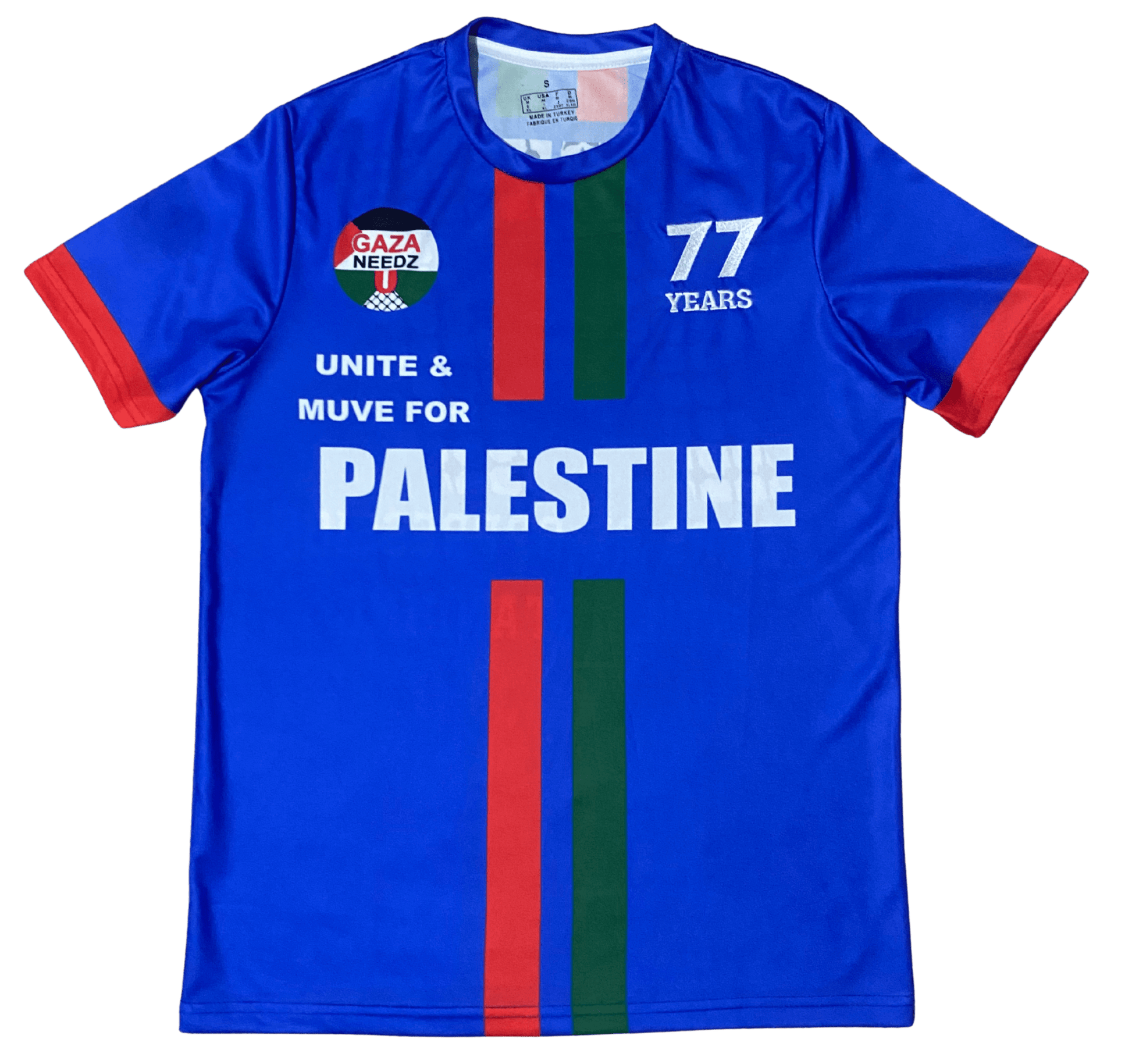Blue Palestine football jersey with red and green stripes, Gaza Needs You emblem on left chest, 77 Years logo on right chest, and bold Palestine text across the middle
