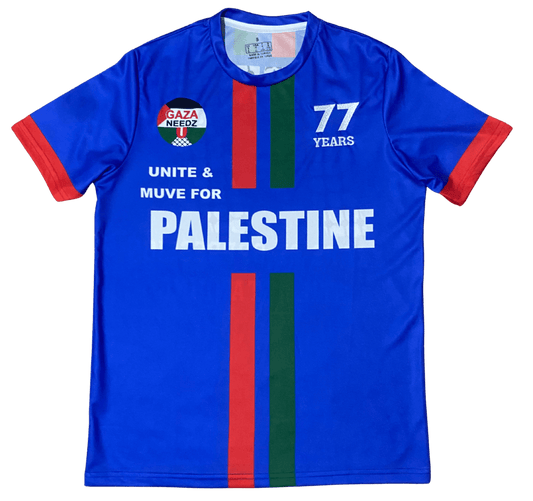 Blue Palestine football jersey with red and green stripes, Gaza Needs You emblem on left chest, 77 Years logo on right chest, and bold Palestine text across the middle
