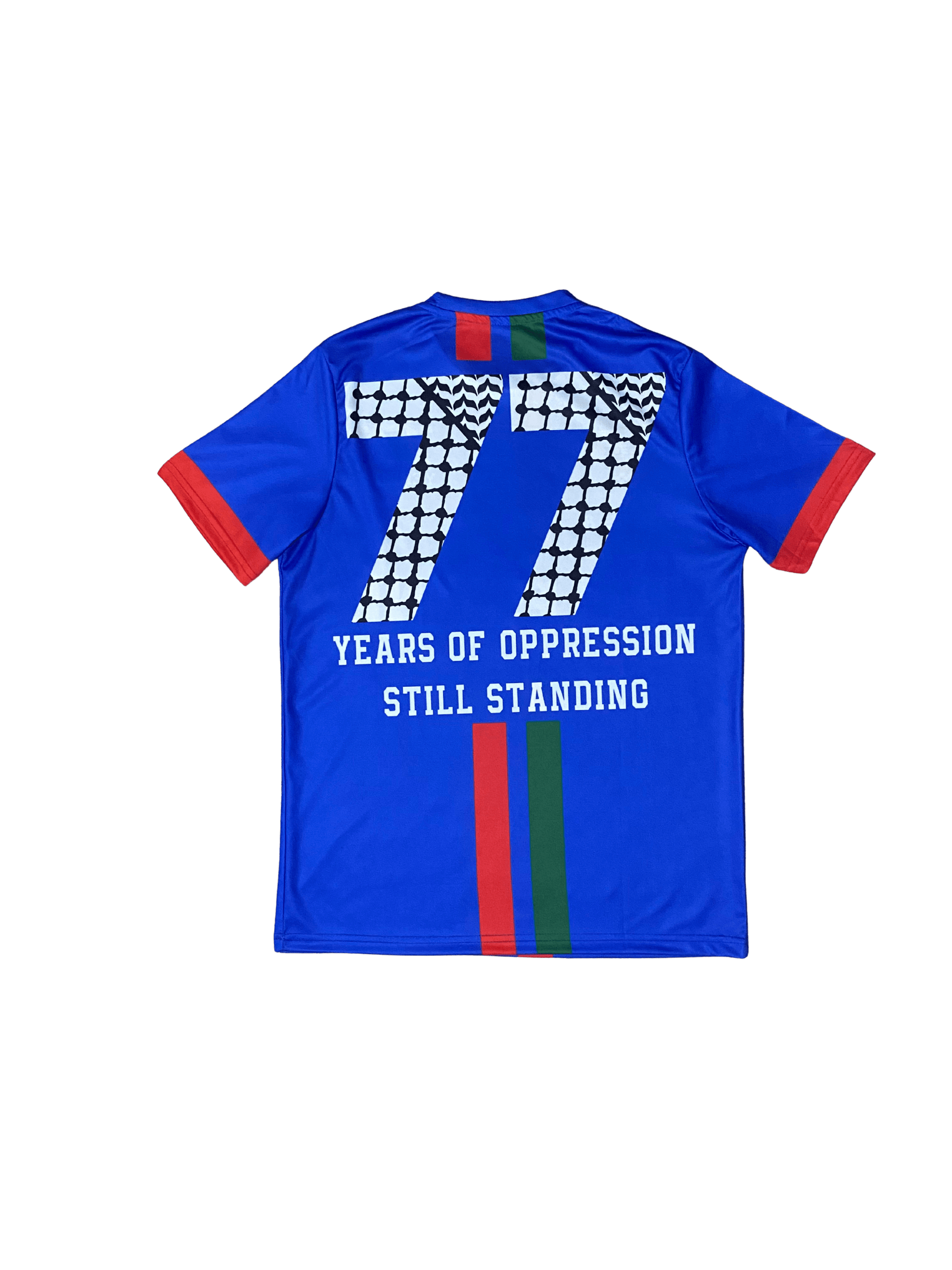 Blue Palestine football jersey back with red and green stripes, large 77 in keffiyeh pattern, and “years of oppression still standing” text underneath