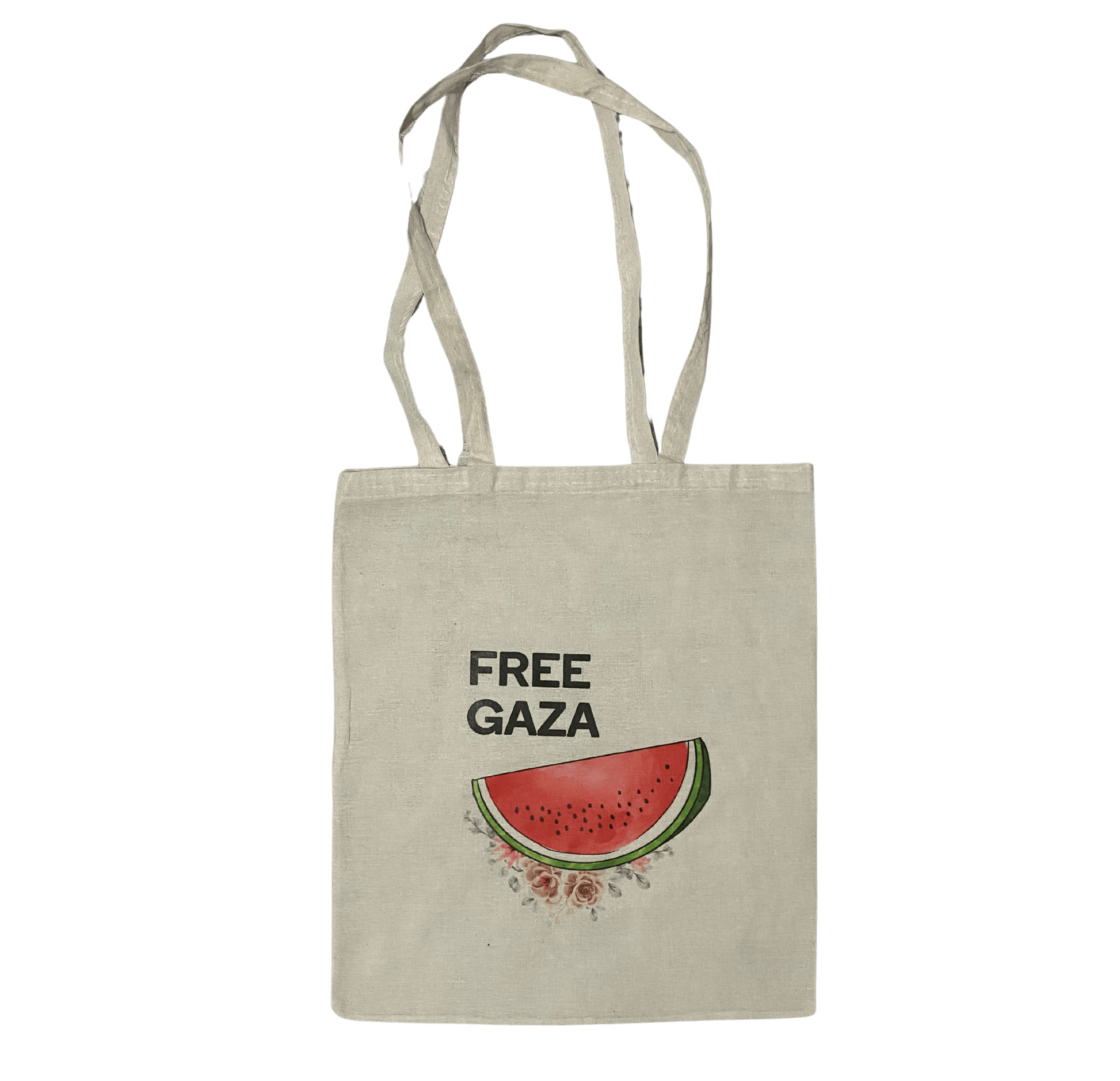 Cream Palestine tote bag with layered watermelon design representing Palestine, “Free Gaza” text above, and flowers underneath.