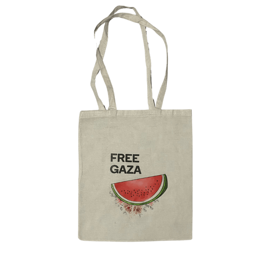 Cream Palestine tote bag with layered watermelon design representing Palestine, “Free Gaza” text above, and flowers underneath.