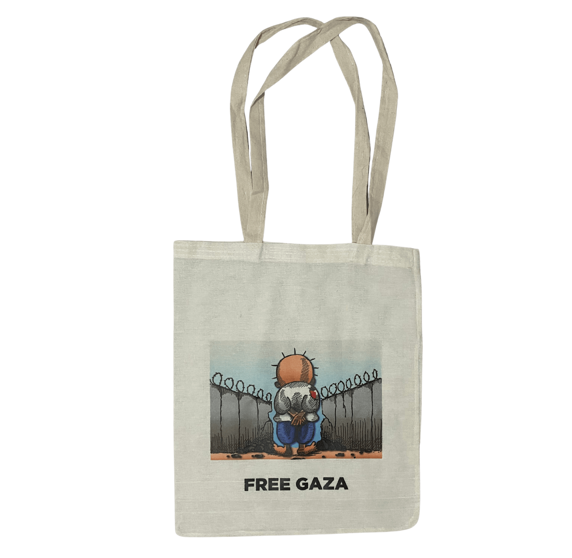 Cream Palestine tote bag with illustration of Palestinian child looking at border barbed wire fence, symbolizing oppression, and “Free Gaza” text below.