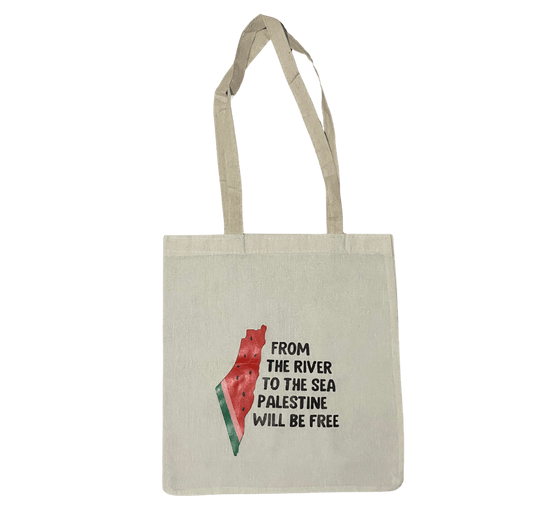 Cream Palestine tote bag with watermelon-style map of Palestine and text “From the river to the sea, Palestine will be free” beside it.