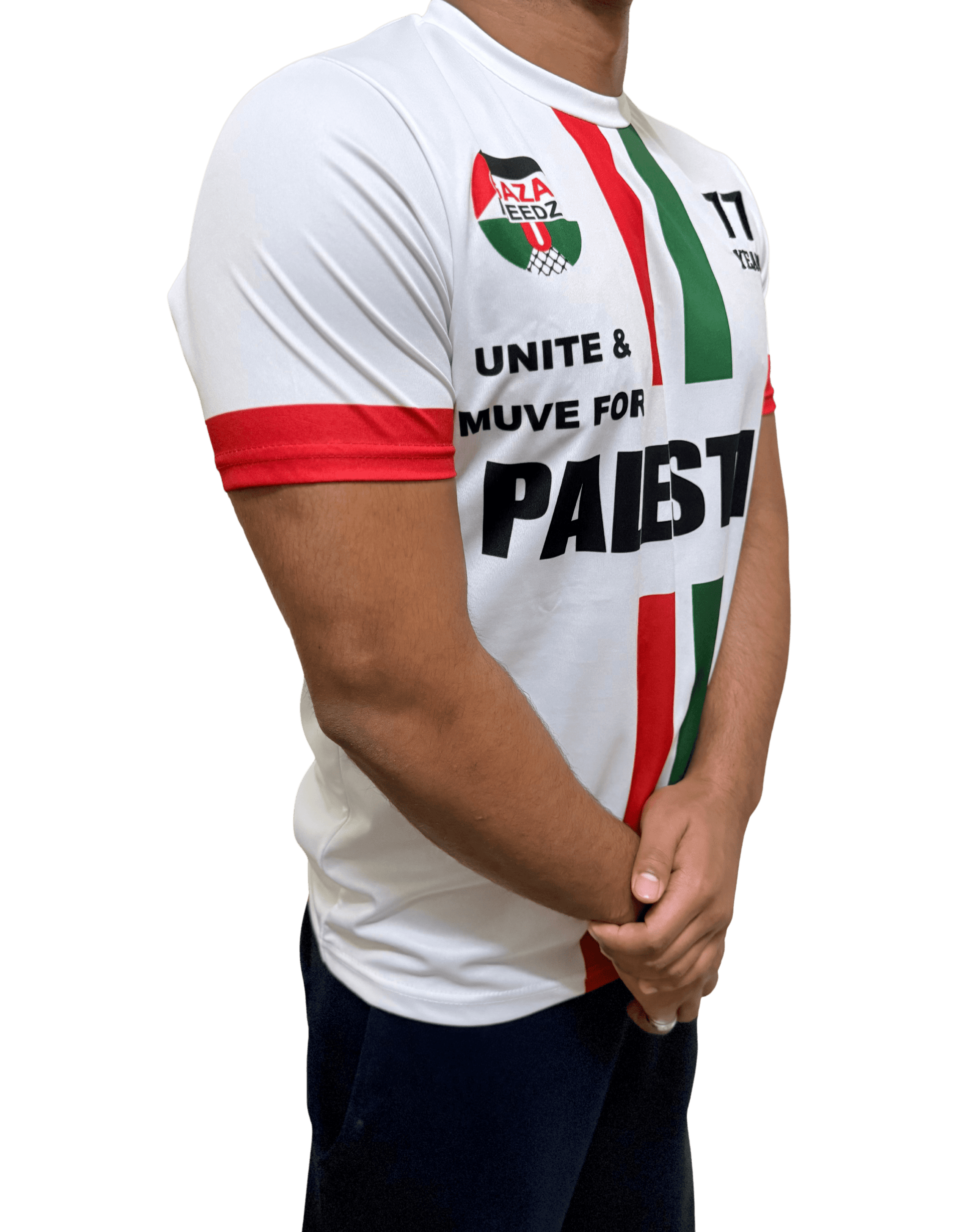 Side view of white Palestine football jersey with black and keffiyeh stripes, Gaza Needs You emblem, and 77 Years keffiyeh logo