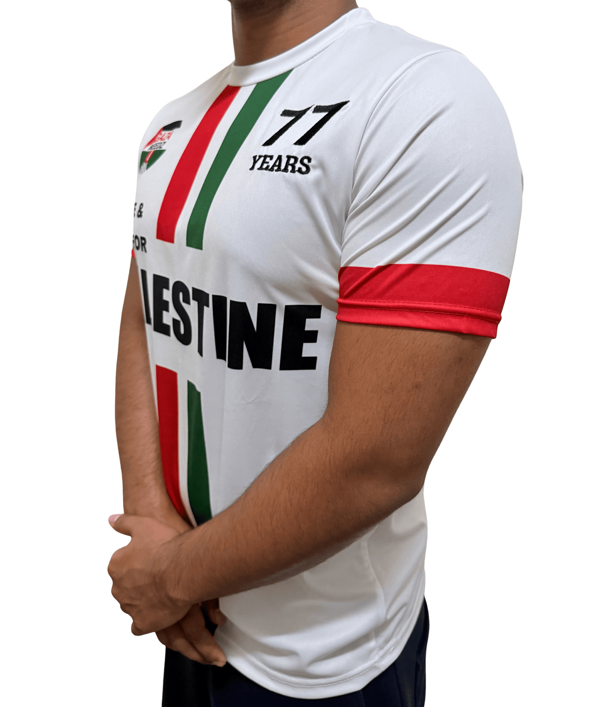 Person wearing a white sports jersey with red and green accents, featuring the word 'Palestine'.