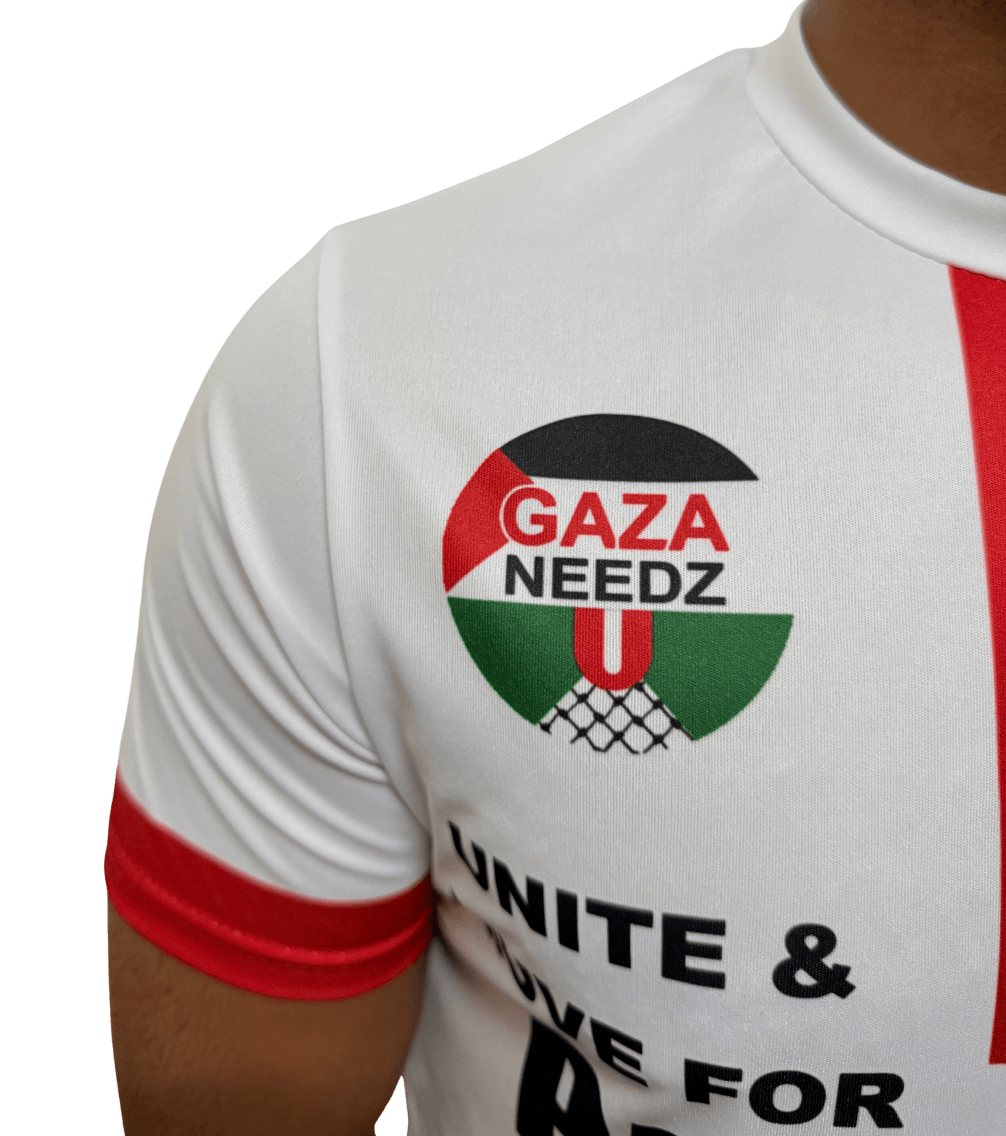 Close-up of Gaza Needs You emblem on white Palestine football jersey