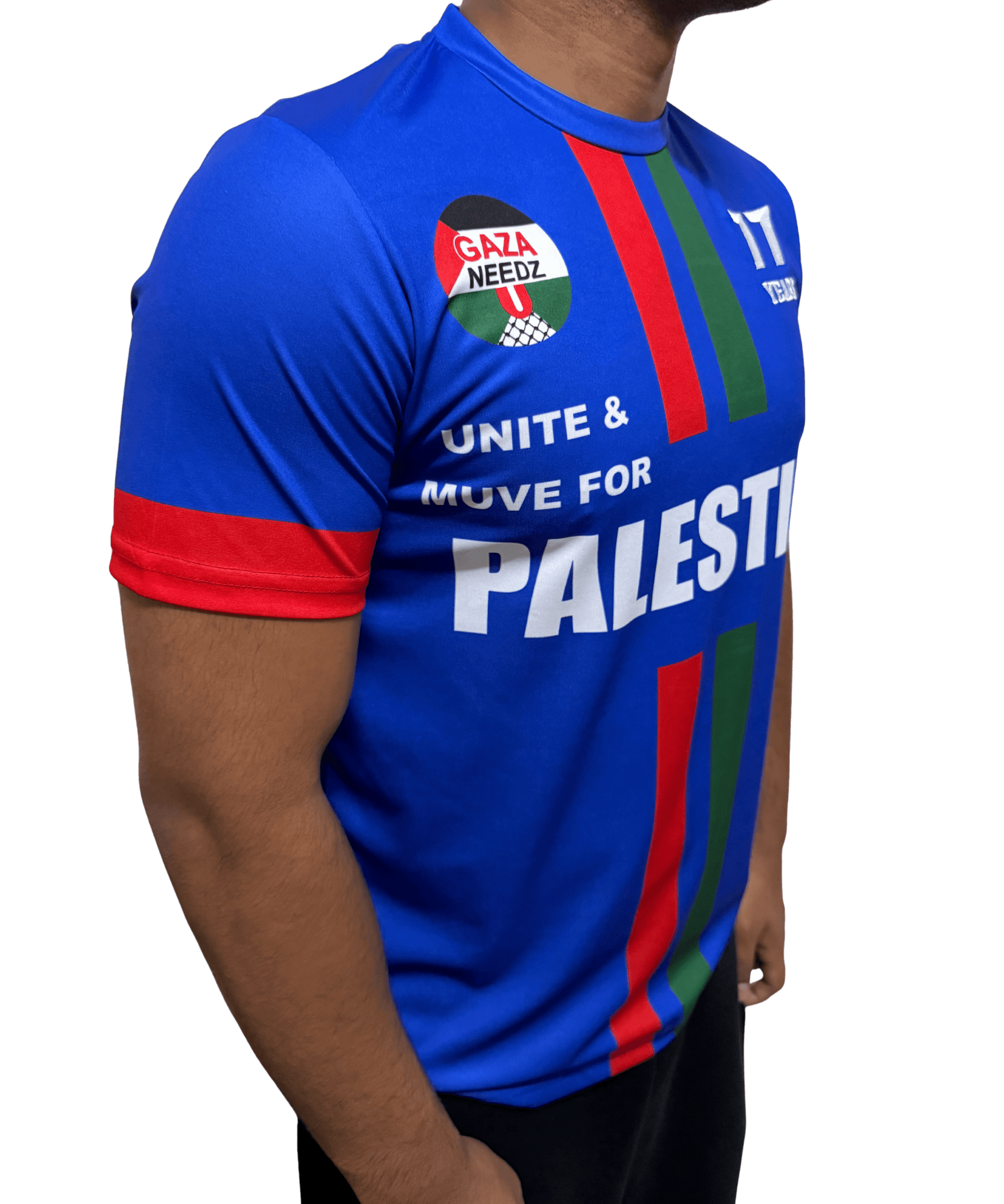 Side view of blue Palestine football jersey with white and keffiyeh stripes, Gaza Needs You emblem, and 77 Years keffiyeh logo