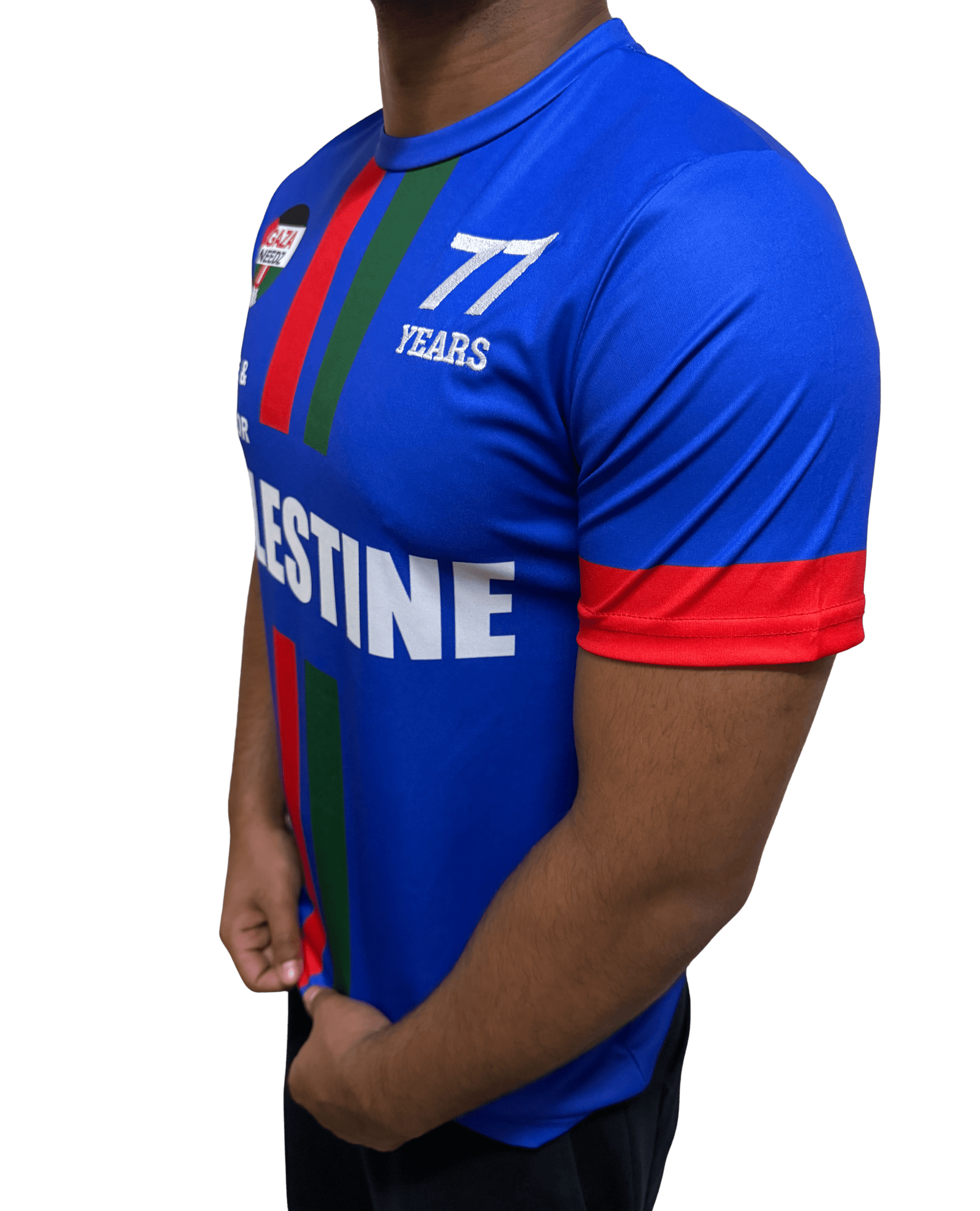 Blue sports jersey with red and green accents worn by a person on a transparent background