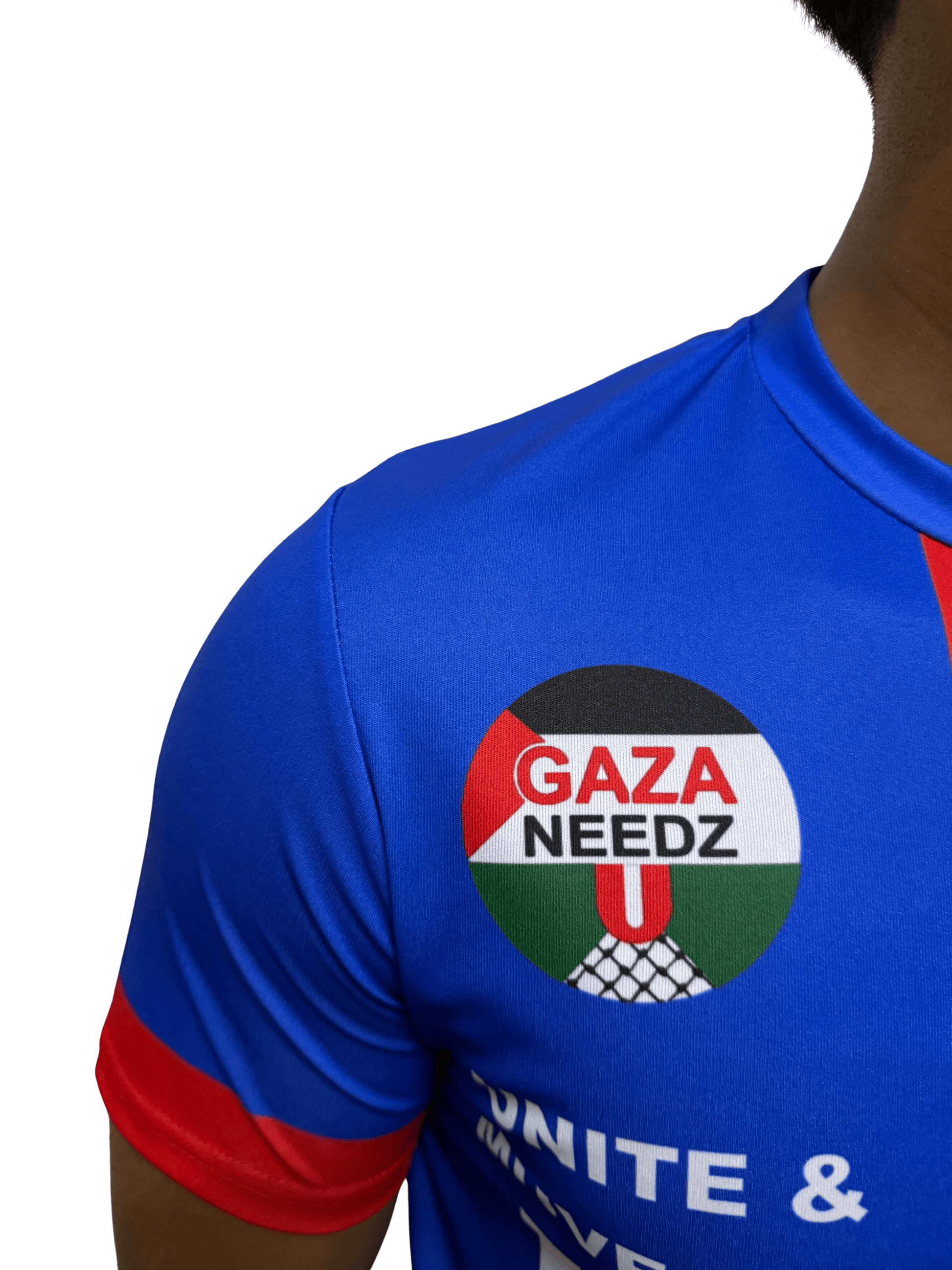 Close-up of Gaza Needs You emblem on blue Palestine football jersey