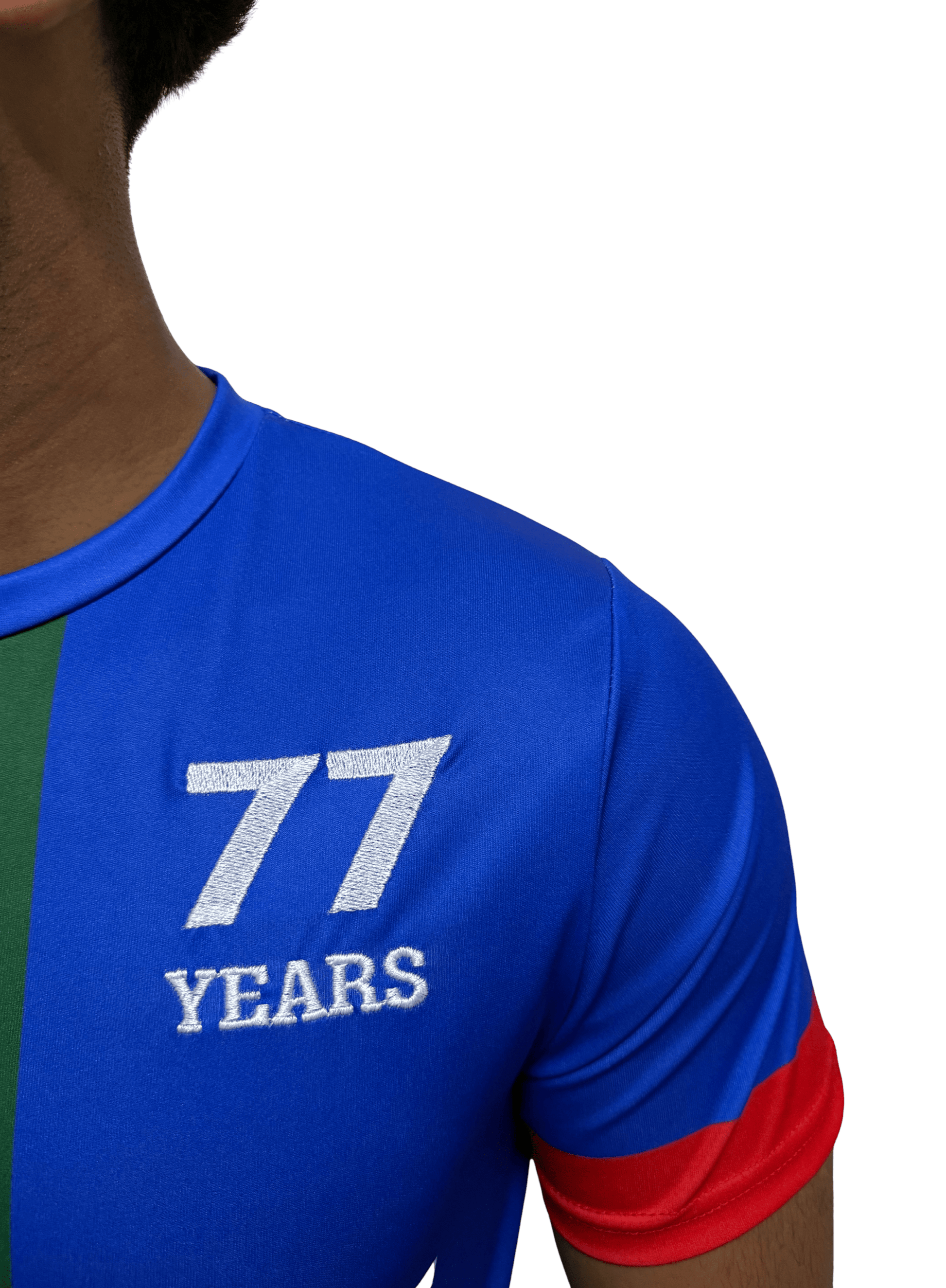 Close-up of 77 Years keffiyeh design on back of blue Palestine football jersey