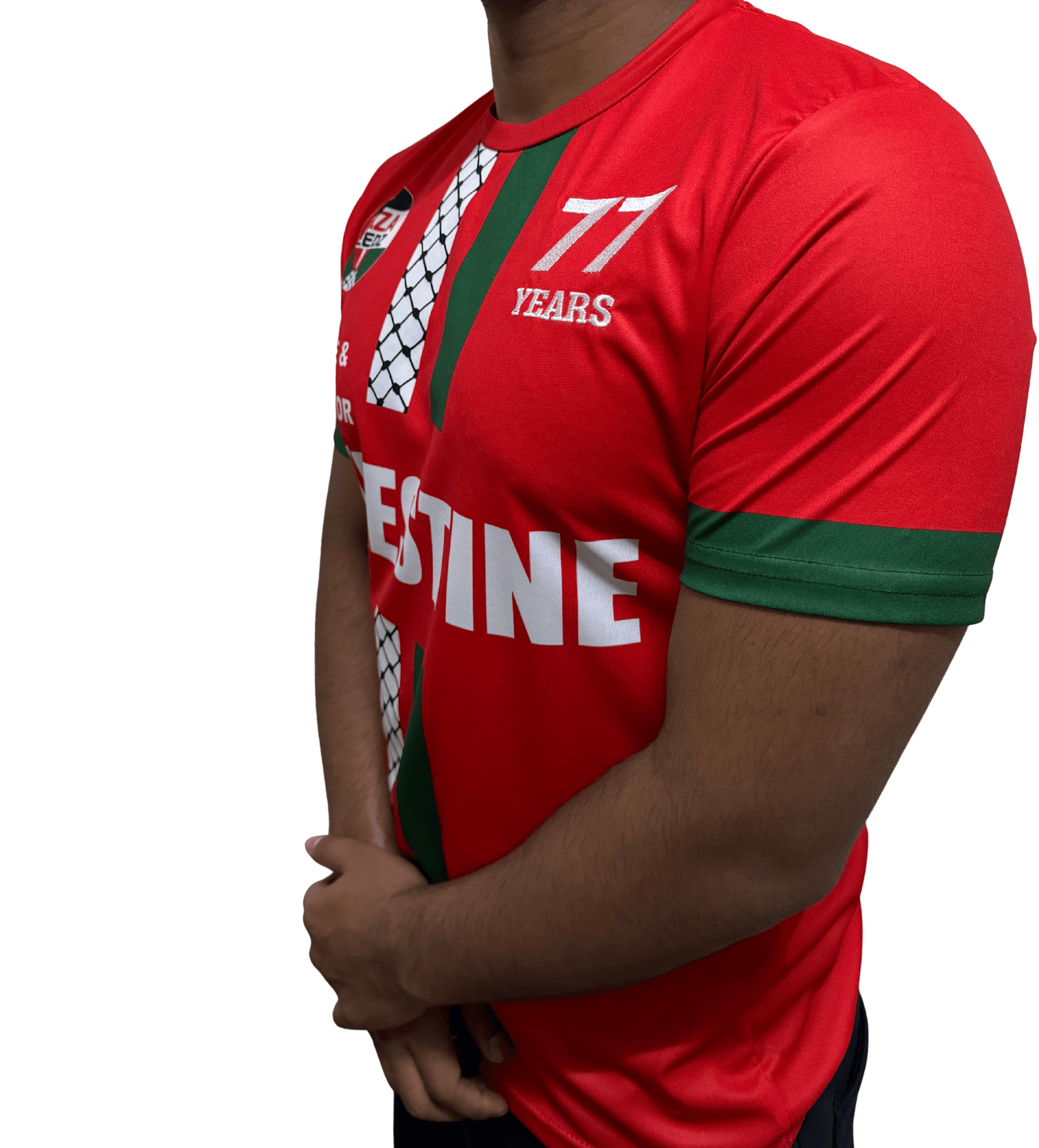 Red sports jersey with green accents and text on a transparent background