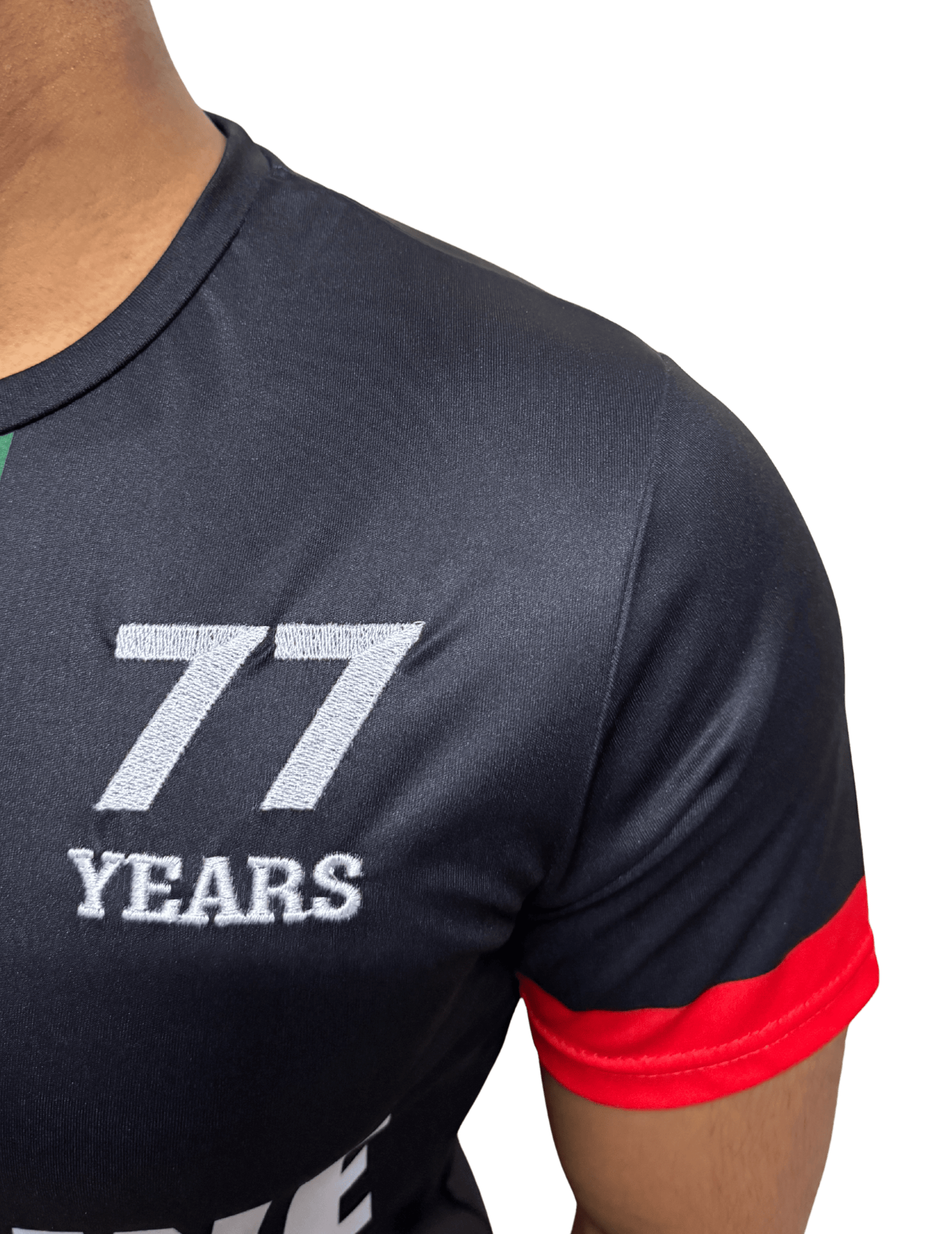 Close-up of 77 Years keffiyeh design on back of black Palestine football jersey