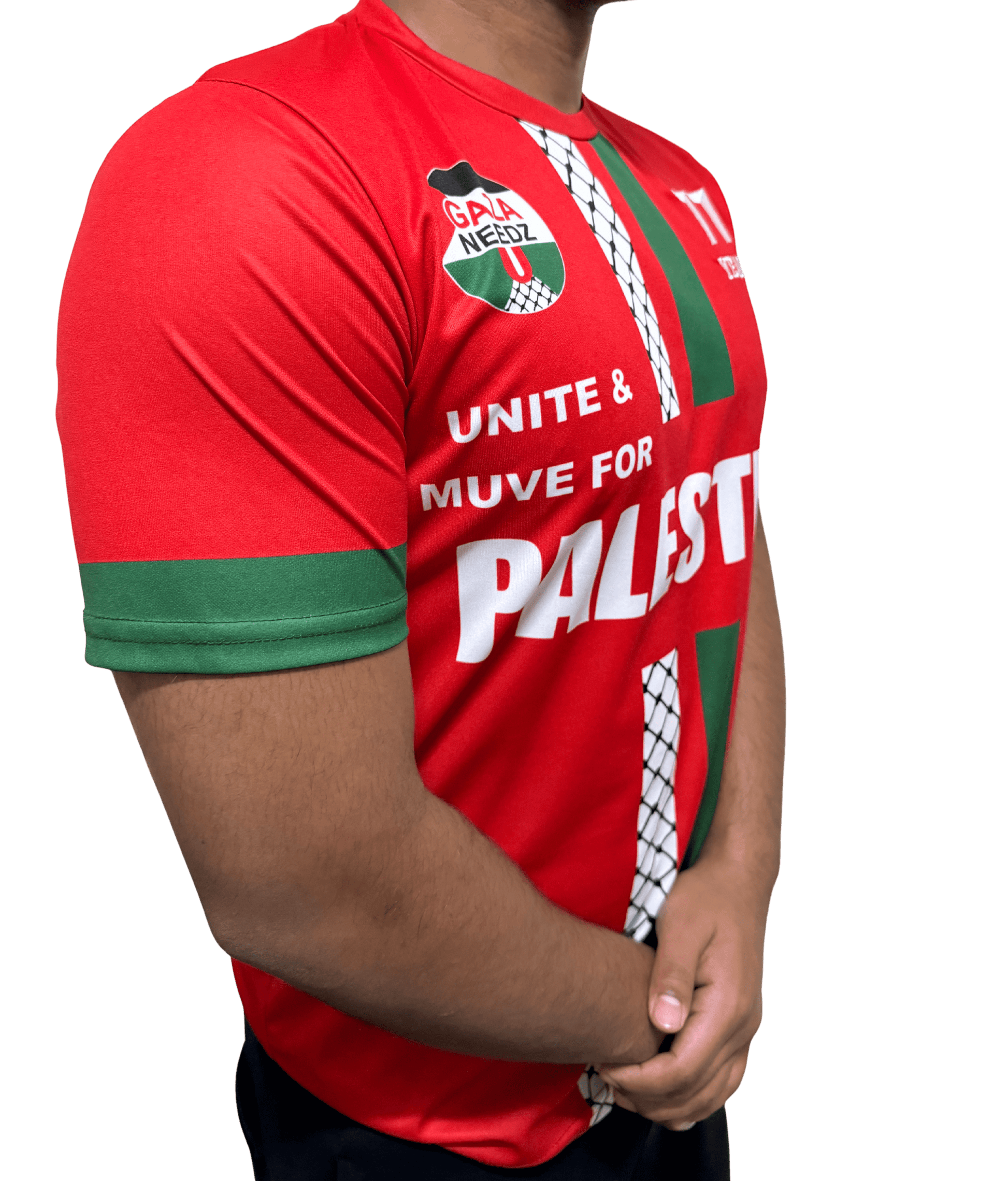 Side view of red Palestine football jersey with green and keffiyeh stripes, Gaza Needs You emblem, and 77 Years logo