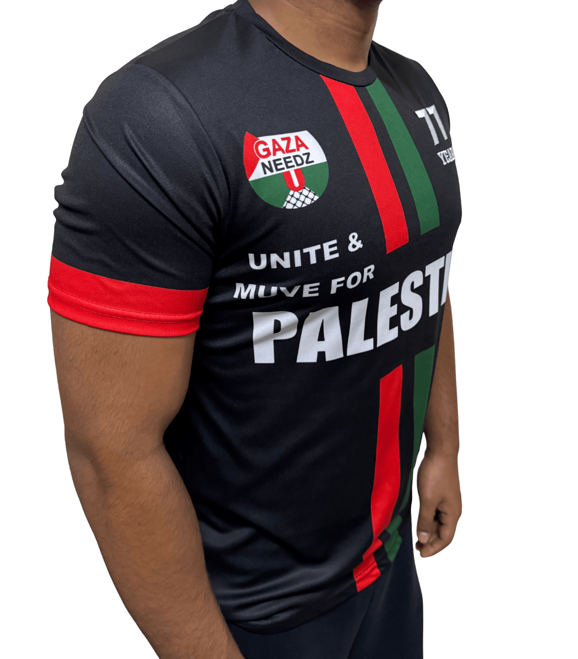 Side view of black Palestine football jersey with red and green stripes, Gaza Needs You emblem, and 77 Years logo