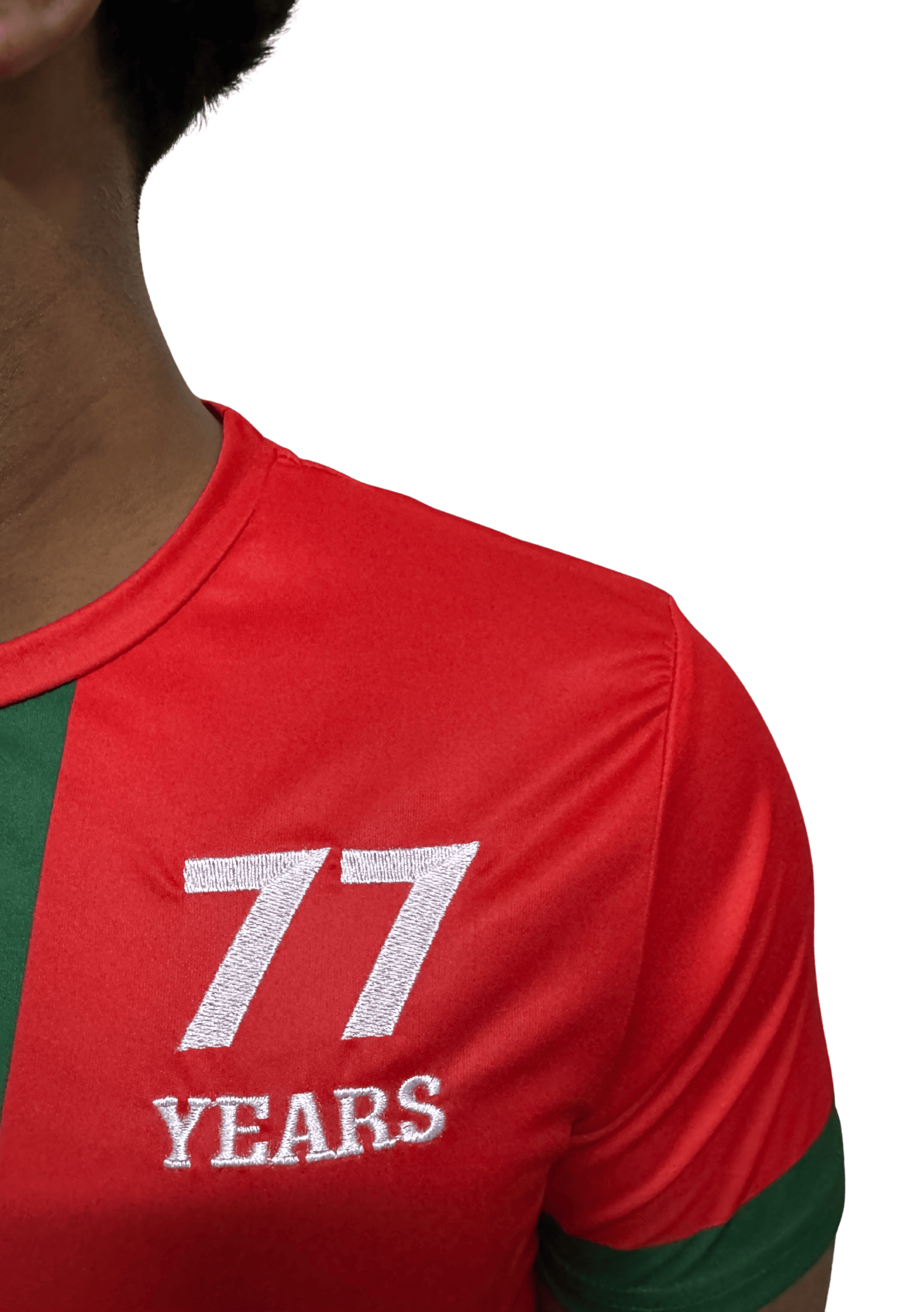 Close-up of 77 Years keffiyeh design on back of red Palestine football jersey