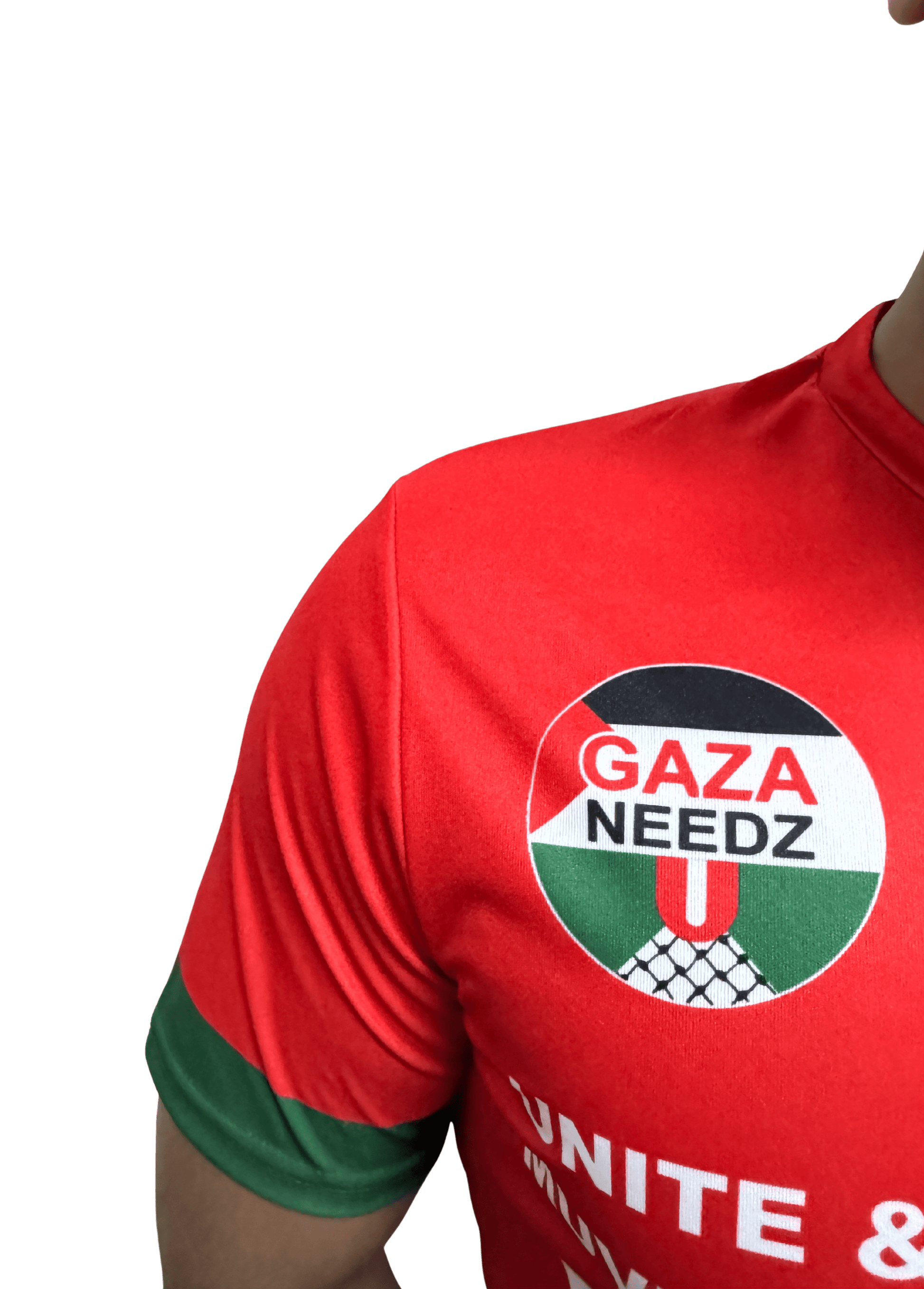 Close-up of Gaza Needs You emblem on red Palestine football jersey