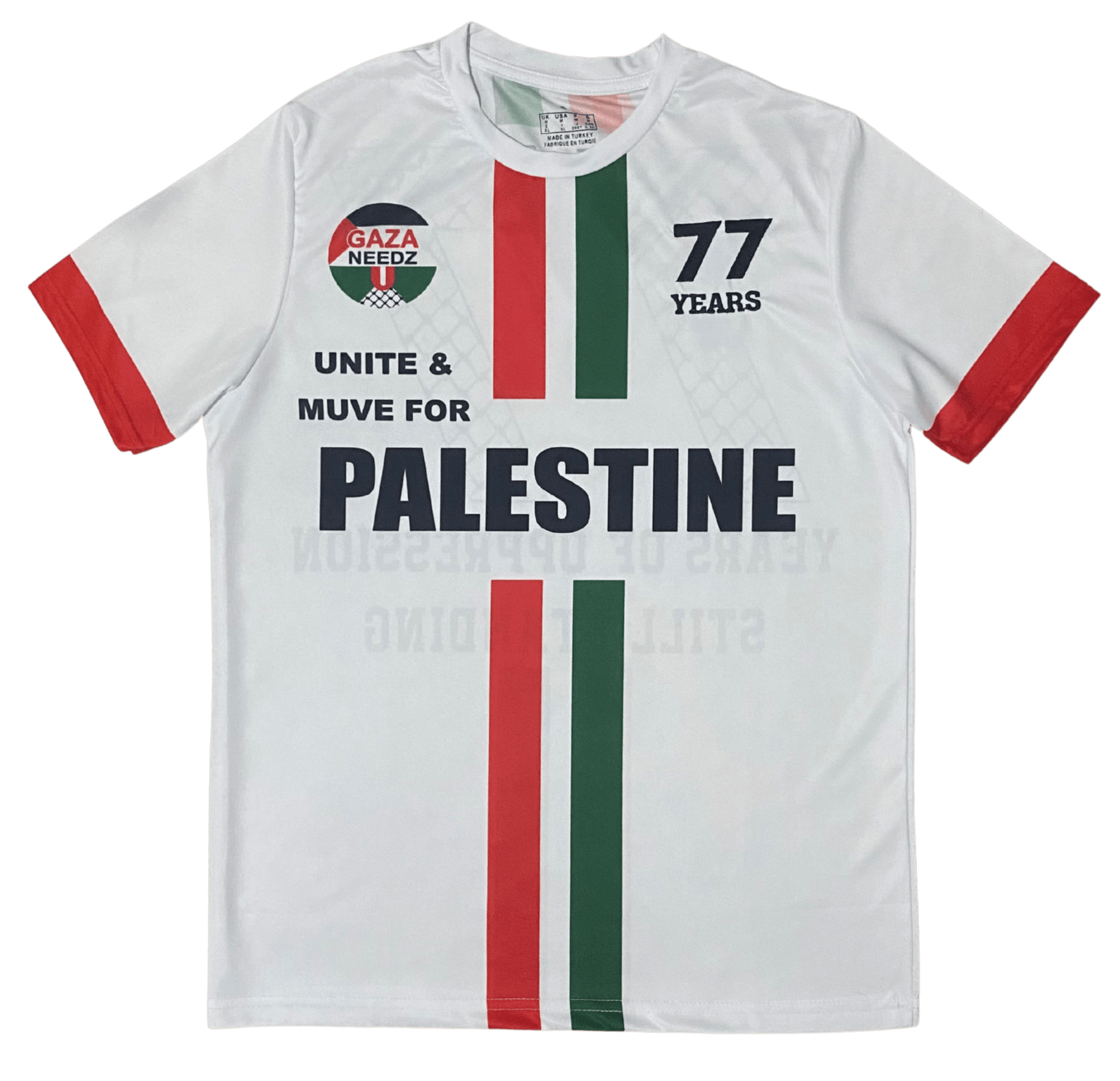 White Palestine football jersey with red and green stripes, Gaza Needs You emblem on left chest, 77 Years logo on right chest, and bold Palestine text across the middle