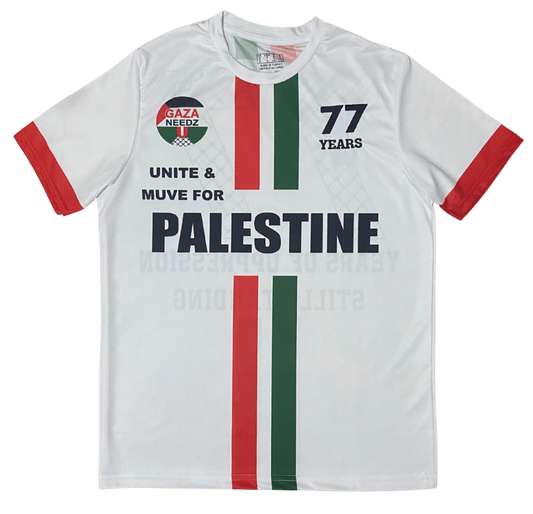 White Palestine football jersey with red and green stripes, Gaza Needs You emblem on left chest, 77 Years logo on right chest, and bold Palestine text across the middle