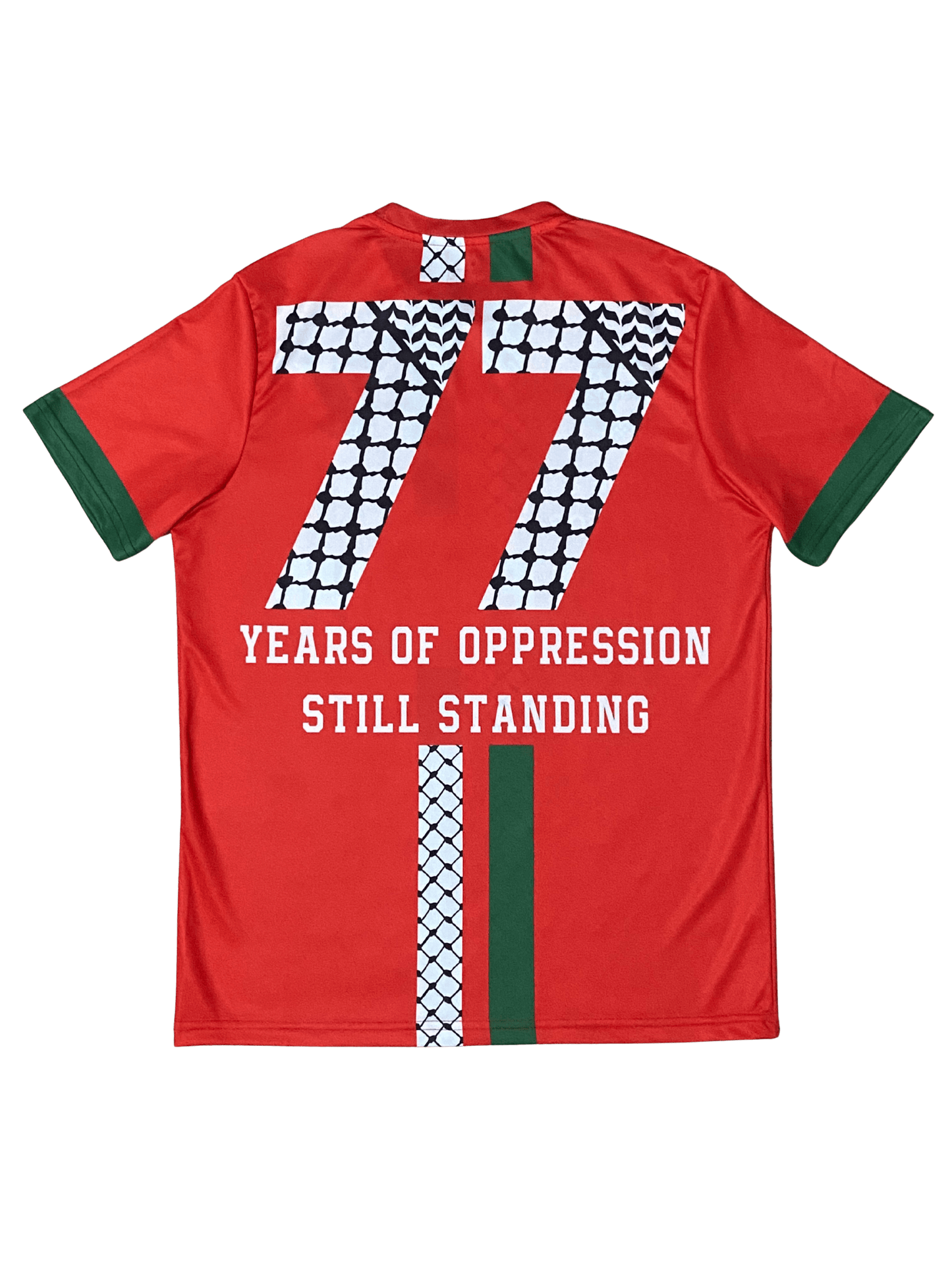 Red Palestine football jersey back with green and keffiyeh stripes, large 77 in keffiyeh pattern, and “years of oppression still standing” text underneath